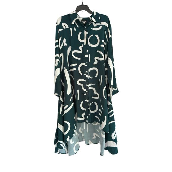 Step in Style Plus 3X Green White Patterned High Low Shirt Dress Casual Flowy - Picture 1 of 7
